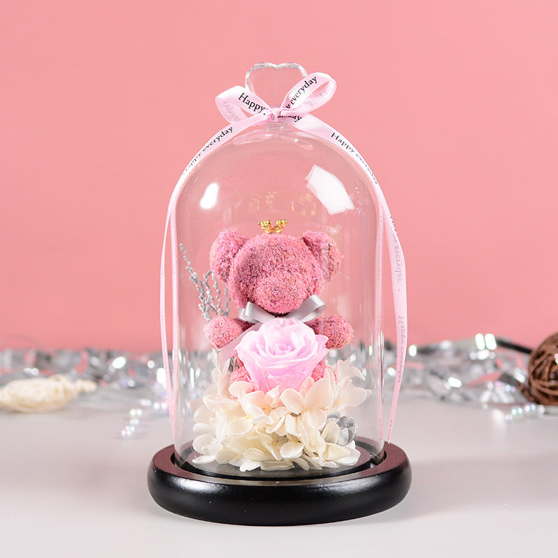 Florist Gift Box Flowers Eternal Flower Glass Cover Bear Rose