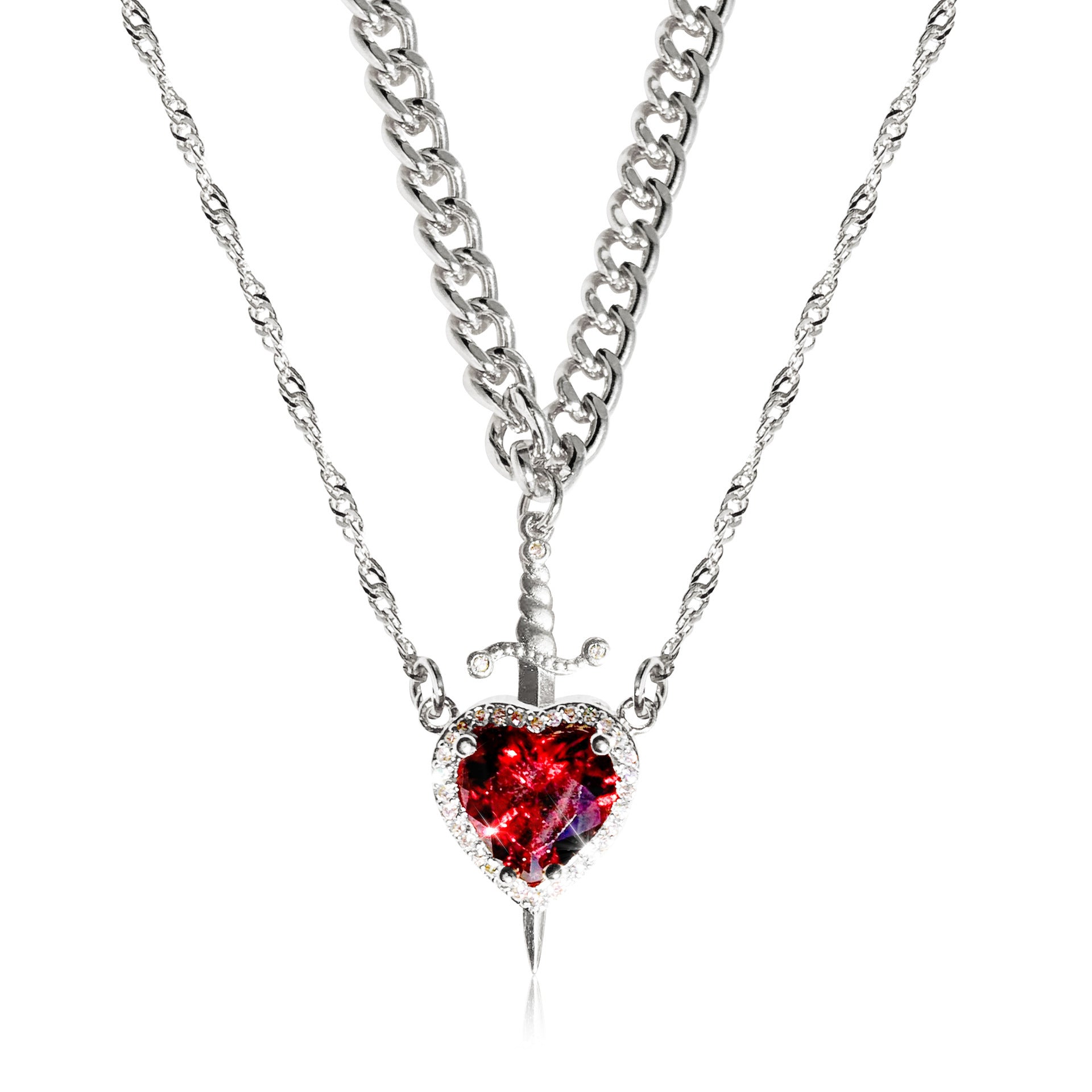 Red Rhinestone Heart Dagger Necklace