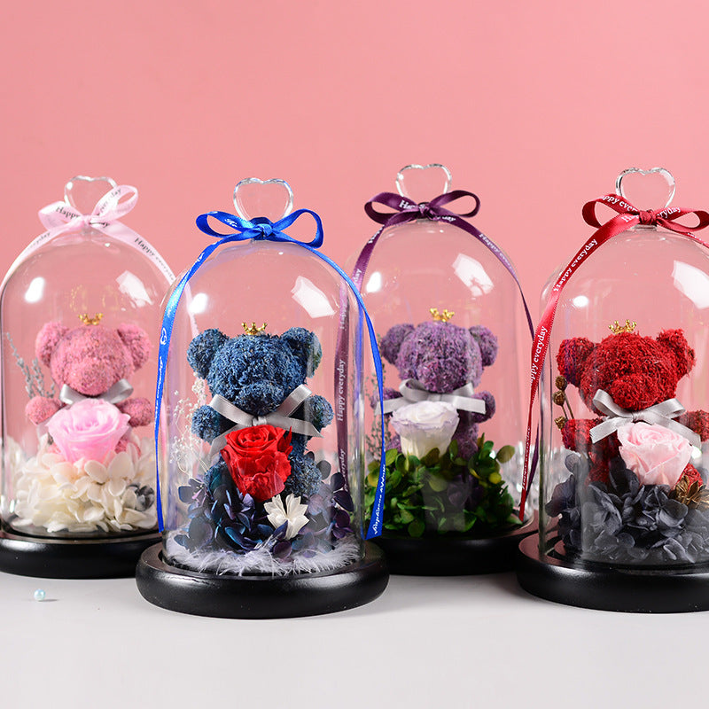 Florist Gift Box Flowers Eternal Flower Glass Cover Bear Rose