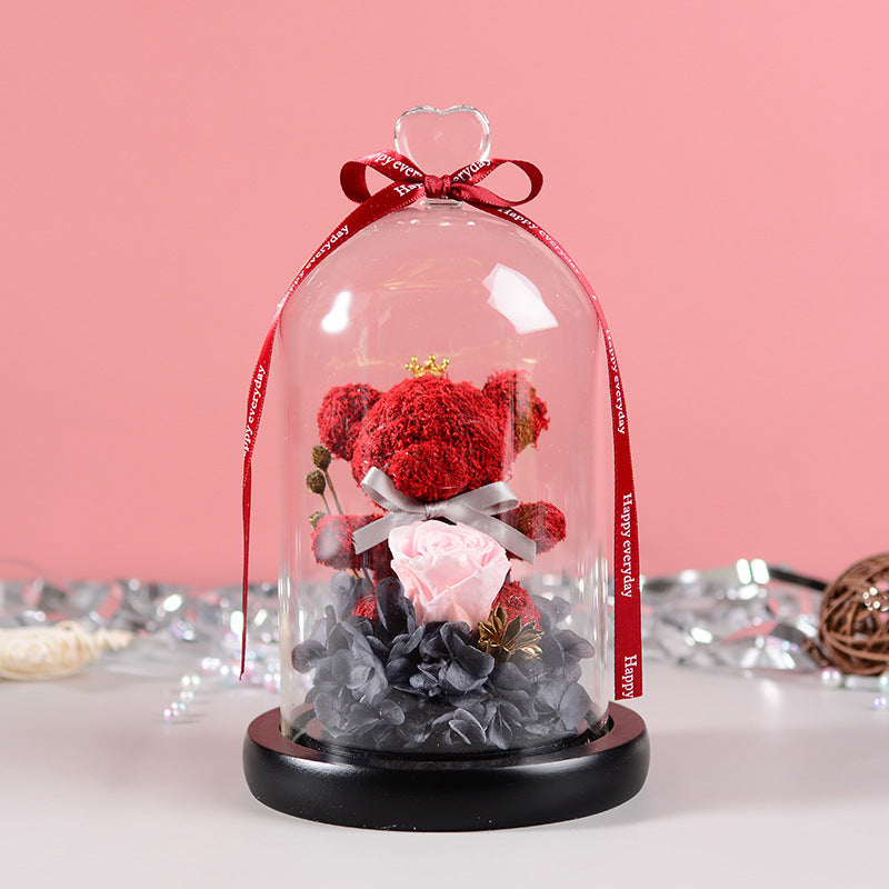 Florist Gift Box Flowers Eternal Flower Glass Cover Bear Rose