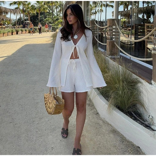 Long-sleeved Lace-up Shorts Suit